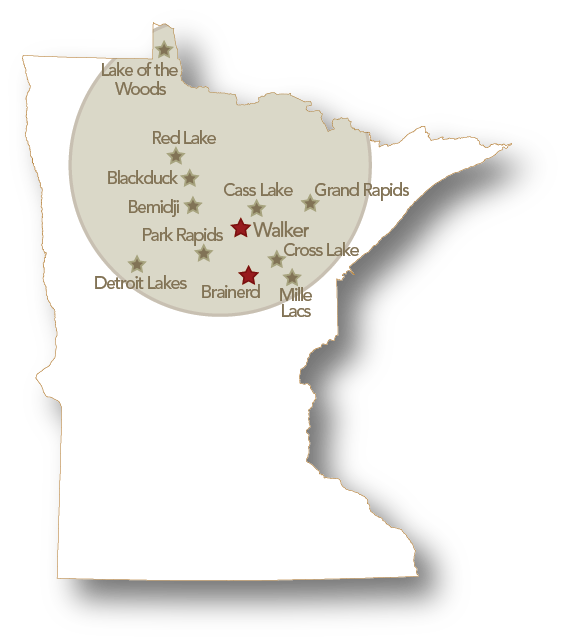 A map of Minnesota highlighting several towns with star icons. Major areas marked include Walker, Brainerd, Park Rapids, Blackduck, Bemidji, Cass Lake, Red Lake, Cross Lake, Detroit Lakes, Grand Rapids, Lake of the Woods, and Mille Lacs—perfect for planning a guided fishing trip.