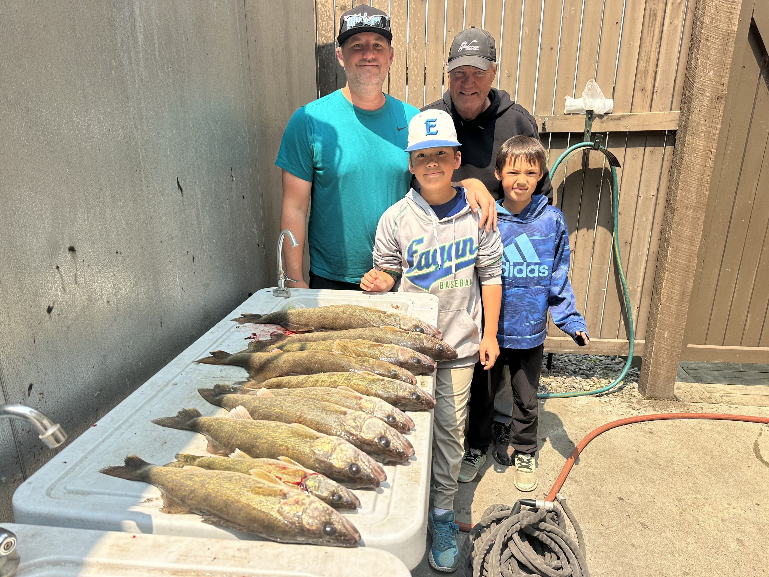Four people—two adults and two children—stand behind a table displaying several freshly caught walleye. The group is outdoors next to a wooden fence, everyone smiling at the camera after a fun Minnesota fishing report outing.