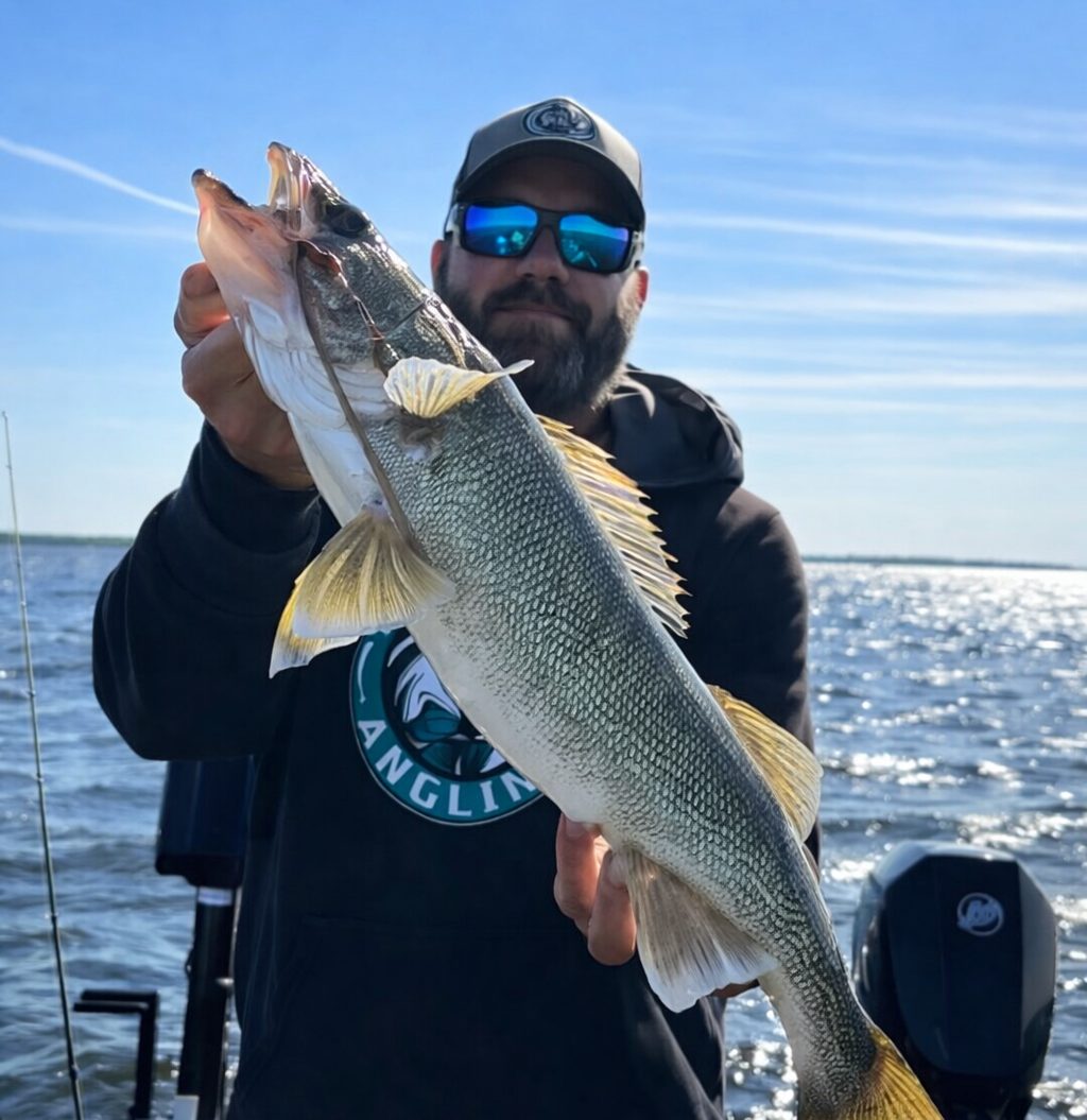 A man wearing sunglasses and a hoodie holds up a large fish on a boat with a lake and blue sky in the background.