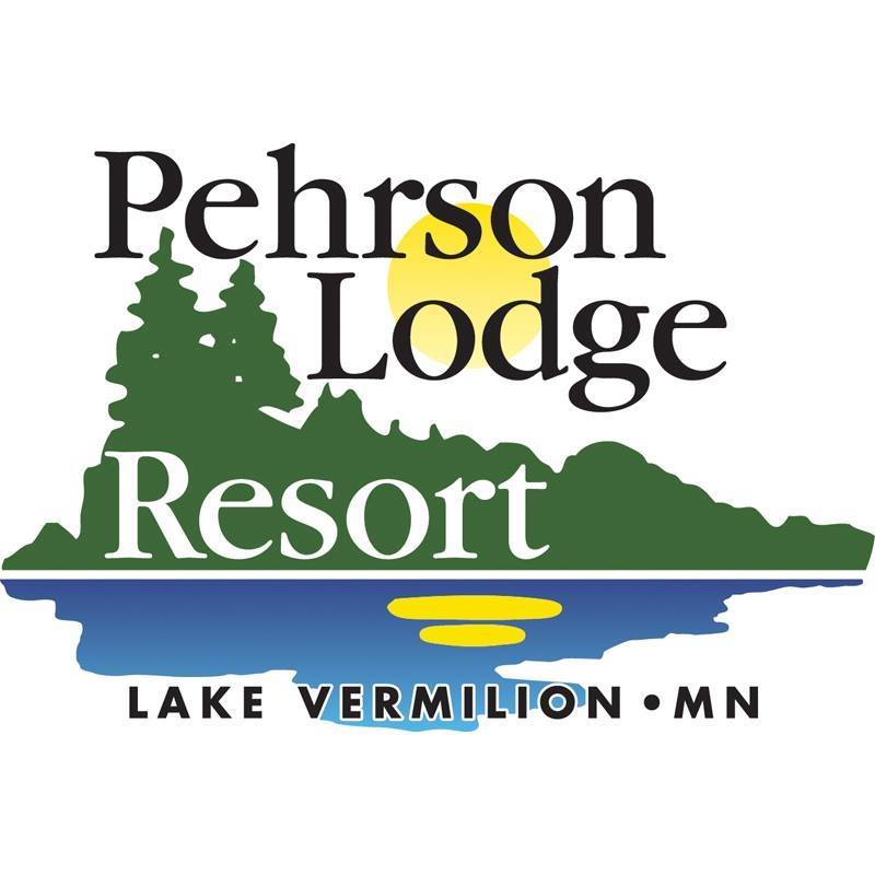 Logo for Pehrson Lodge Resort, featuring trees and an island silhouette with a yellow sun above blue water. Text reads “Pehrson Lodge Resort, Lake Vermillion, MN.”.